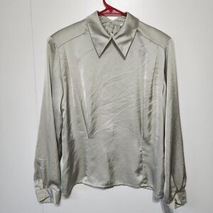 Vintage Evan Picone Satin Polyester Blouse Olive Green Button Back 8 Long Sleeve